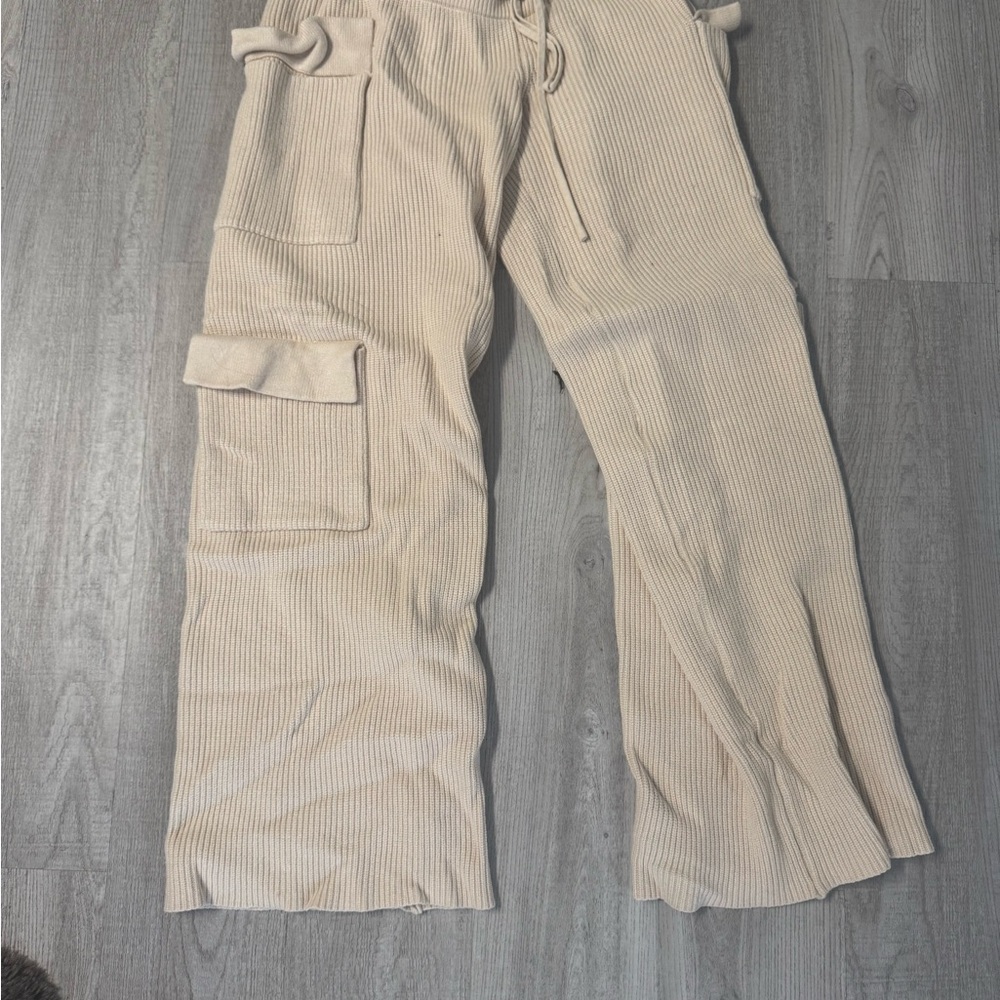 Edikted Cream Ribbed Cargo Pants